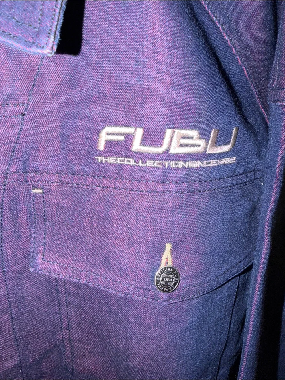 FUBU Men's Dark Purple Denim Jacket with Chest Pockets